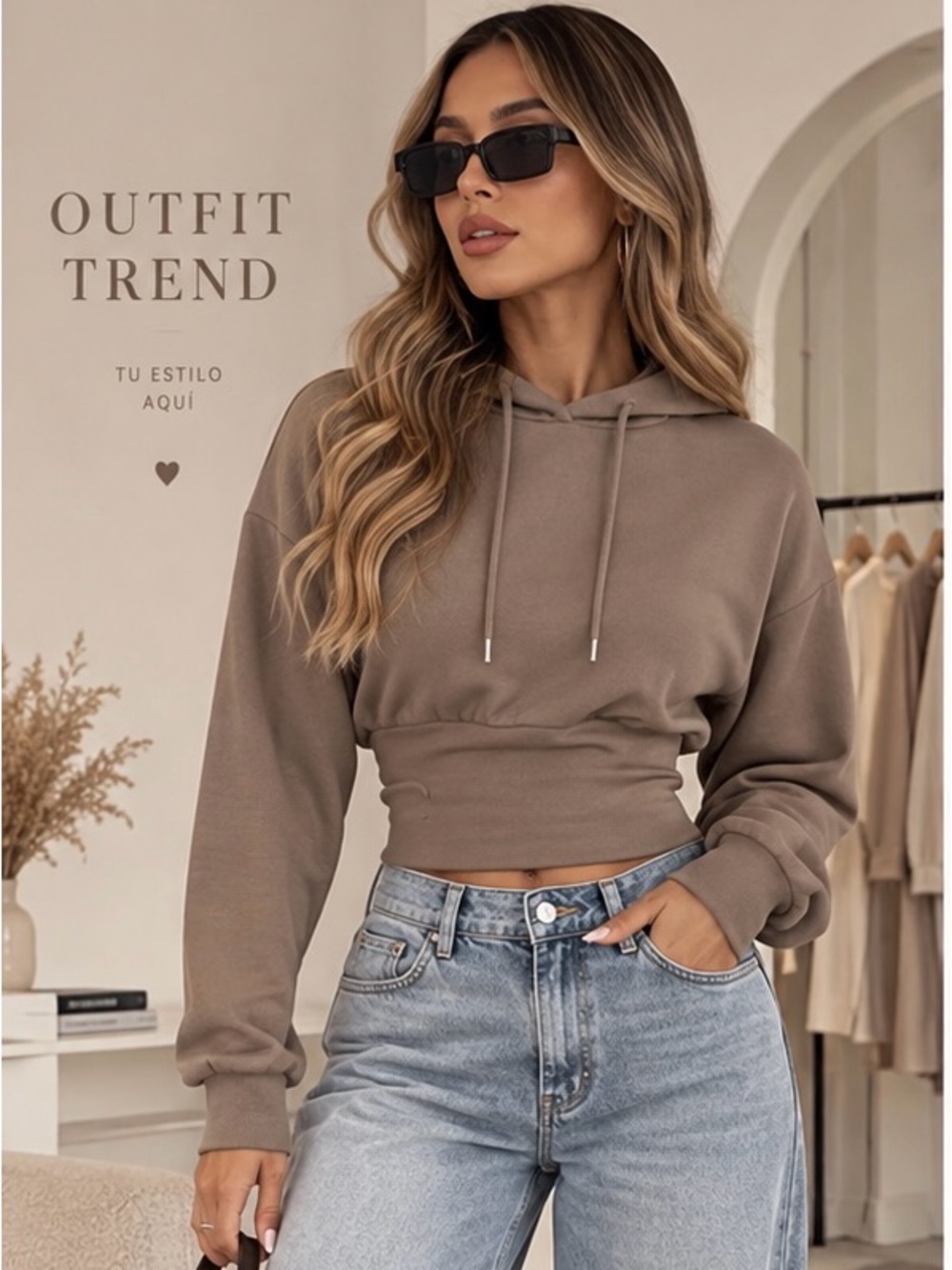 Women's Cropped Hoodie Sweatshirt - Taupe